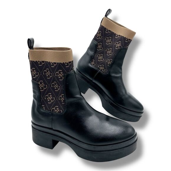 GUESS Women's Keanna Knit Detail Pull-On Lug Sole Faux Leather Chelsea Boots 8.5 - Picture 2 of 16
